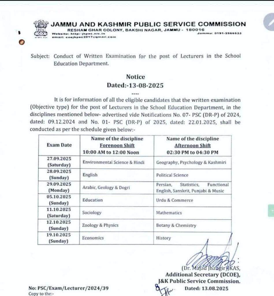 JKPSC 10+2 Lecturer Posts Exam Date Out
